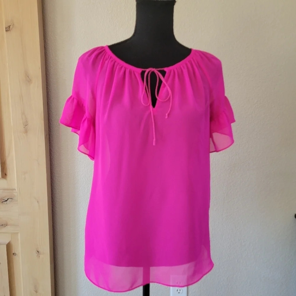 MILLY For DESIGN NATION Hot Pink Keyhole tie  Ruffled Short Sleeve Blouse